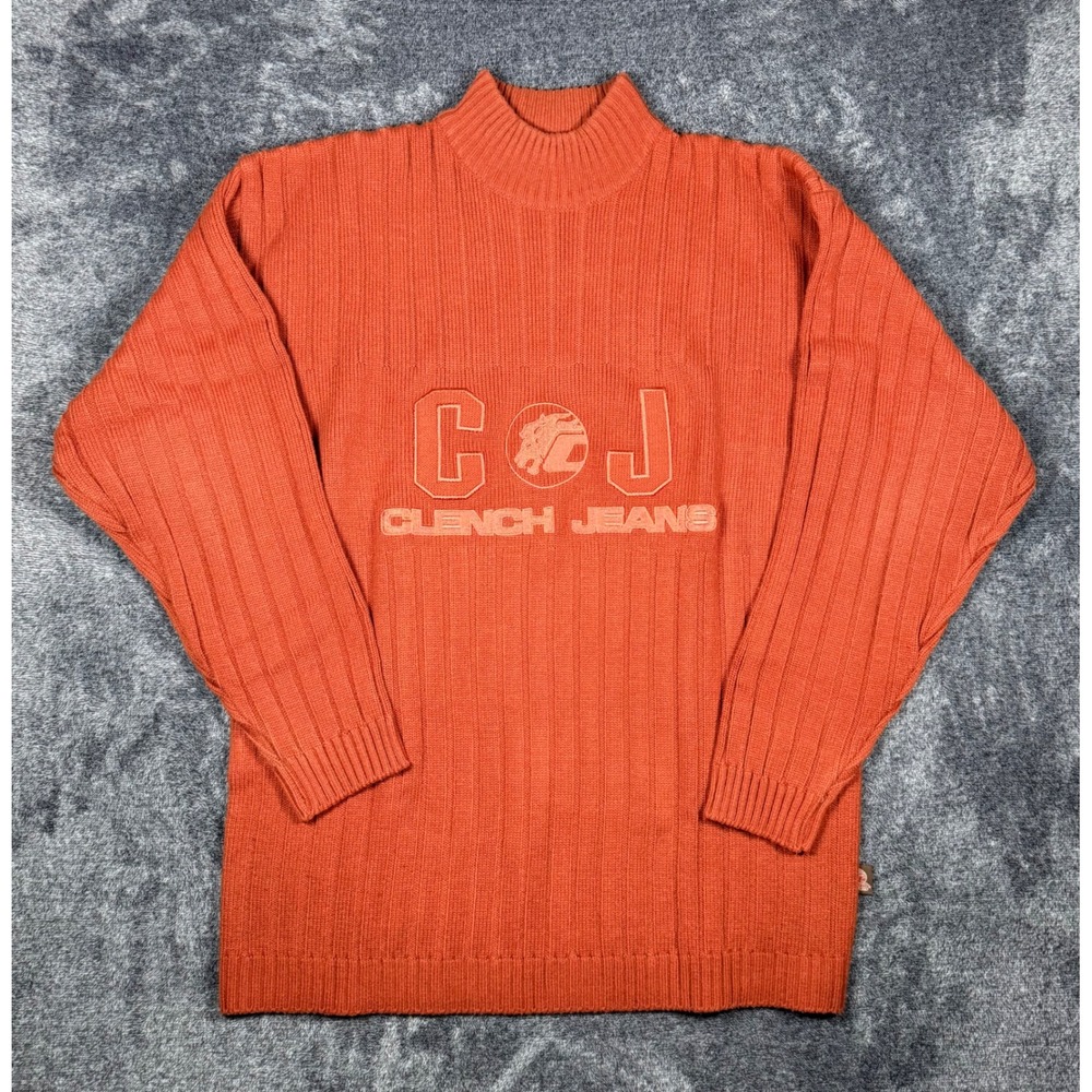 Vintage Clench Jeans Sweater Mens XXL Mock Neck Rib Knit Y2K Streetwear Korea